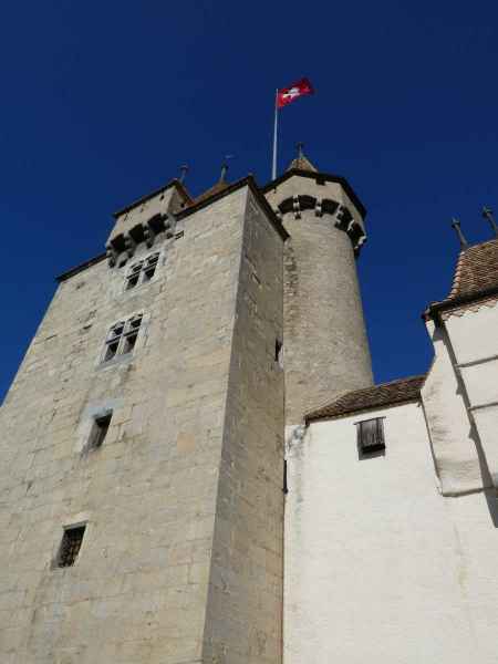 Le grand donjon carré du château d'Aigle en vue extérieure